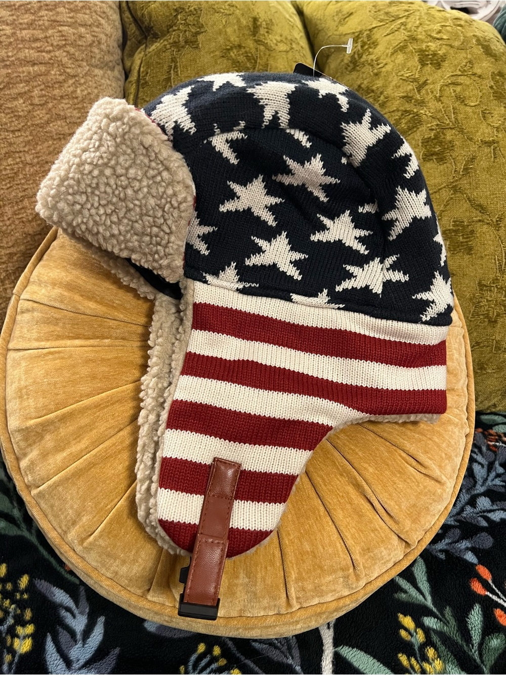 American Flag Knit Trapper Hat with Sherpa Lining - Red, White & Blue